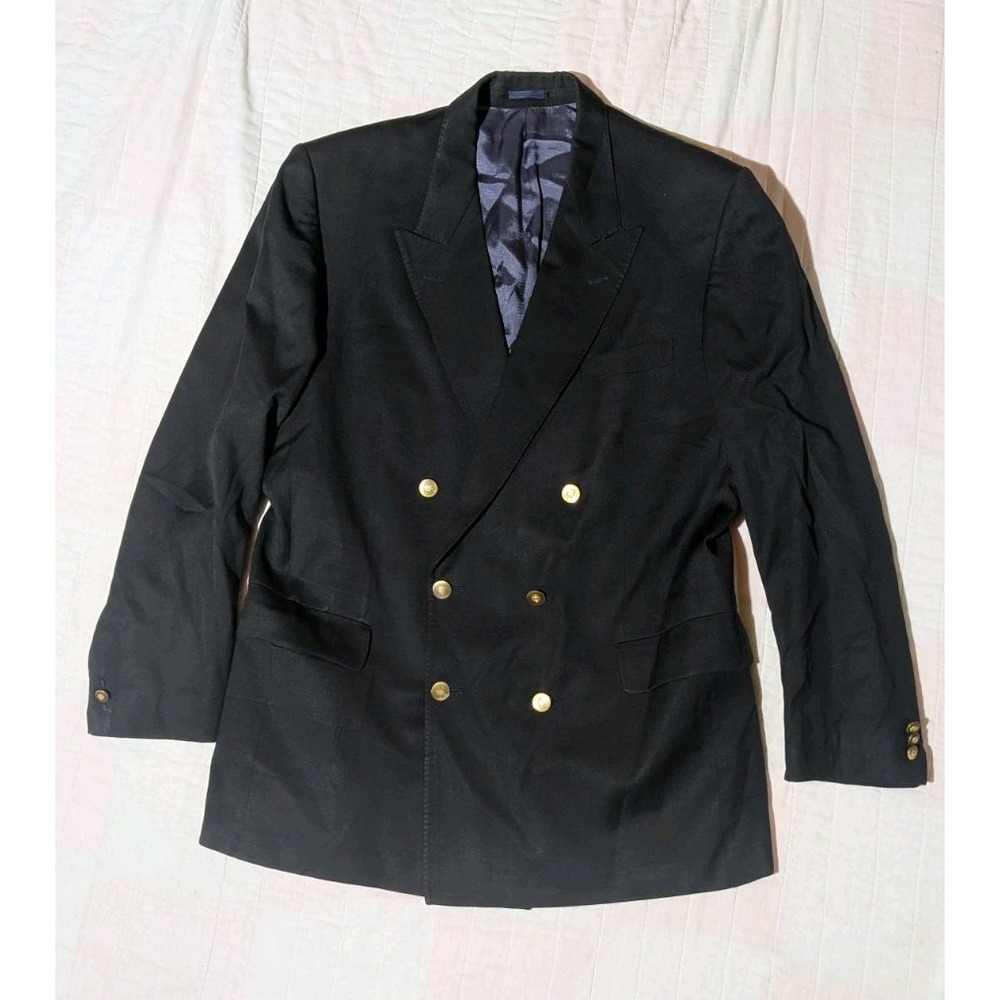 Vtg Dunn And Co Double Breasted Pure New Wool Blazer Navy Gold Buttons Peak 42R